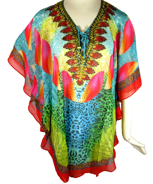 Kaftan Red Blue Green - Hip Length (K058N)